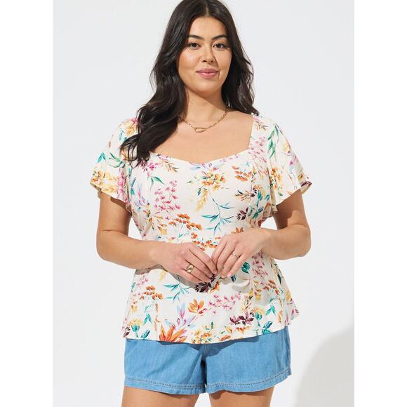 torrid Tops - Torrid Peplum Challis Sweetheart Flutter Sleeve Top Floral Women's Plus Size 1X